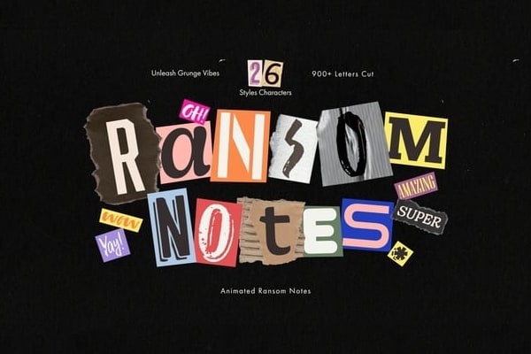 【AE模板】创意复古字母数字符号褶皱报刊撕纸纹理剪贴画拼贴组合标题排版动画 Ransom Note Animated Letters Set