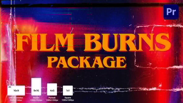 【PR模板】10种复古老电影胶片灼烧闪光视频转场预设 Film Burns Package