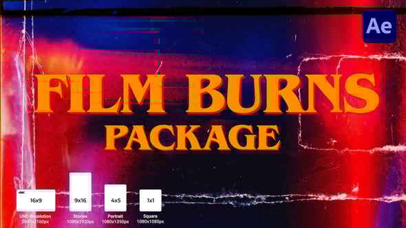 【AE模板】10种复古老电影胶片灼烧闪光视频转场预设 Film Burns Package