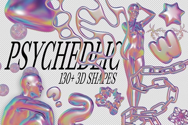【PNG素材】130+迷幻抽象蒸汽波普艺术渐变纹理3D几何数字概念图形插画海报设计PNG素材 Psychedelic – 130+ 3D Shapes
