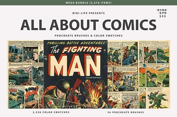 【Procreate笔刷】56支经典复古美式漫画插画艺术设计Procreate色板笔刷合集 Comic Bundle Procreate Brushes