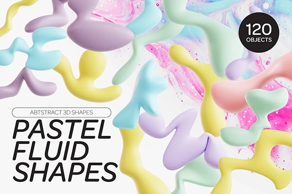 【图片素材】120款创意3D三维多彩流体弥散光抽象艺术图形OBJ/FBX/PNG格式 Pastel Fluid Shapes 3D Icon Set