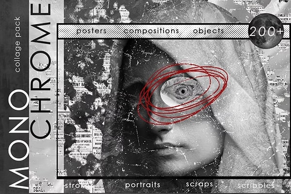 【图片素材】200+神秘复古废弃垃圾纸张海报剪贴画单色纹理涂鸦字符笔触反叛设计图片素材 MONOCHROME collage pack