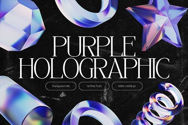 【PNG素材】10个全息渐变紫色光影抽象概念3D形状PNG图片素材 3D Purple Holographic Shapes