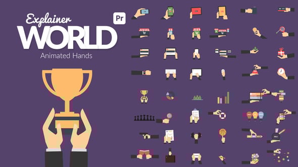 【PR模板】80个二维卡通MG动态手势操作元素动画(含模板音乐) Explainer World | Animated Hands