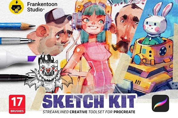 【Procreate笔刷】17支铅笔粉彩眼线笔记号笔笔触纸张背景水彩插画Procreate绘画笔刷 Frankentoon Studio – Sketch Kit for Procreate