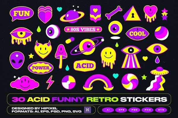 【矢量素材】30张趣味复古Y2K酸性卡通表情贴纸AI矢量图形素材 30 Funny Acid Retro Stickers