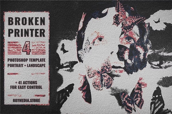 【PSD模板】复古老式打印机故障破损溢色粗糙颗粒纸张纹理印刷特效PSD模板 Broken Printer 4 PSD Template