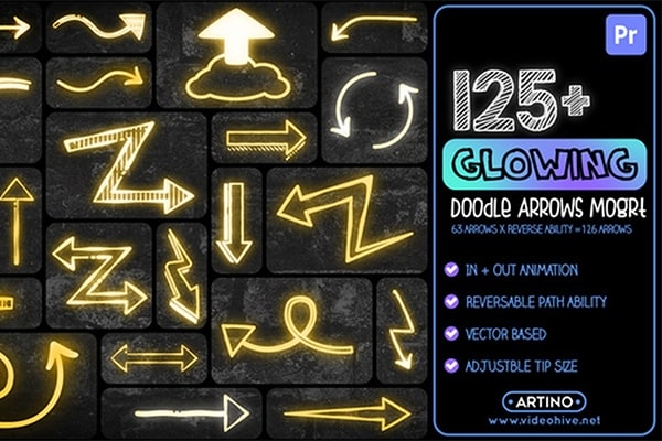 【PR模板】125+手绘涂鸦霓虹发光箭头图形动画(含模板音乐) 125+ Glowing Doodle Arrows Pack Mogrt