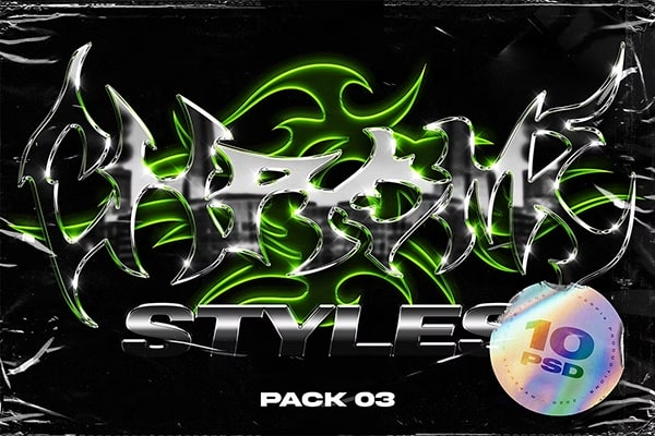 【PSD模板】复古酸性金属镀铬光泽纹理3D科幻哥特风概念艺术图形文本游戏品牌宣传设计PSD样式模板 Chrome Text Styles Vol.3