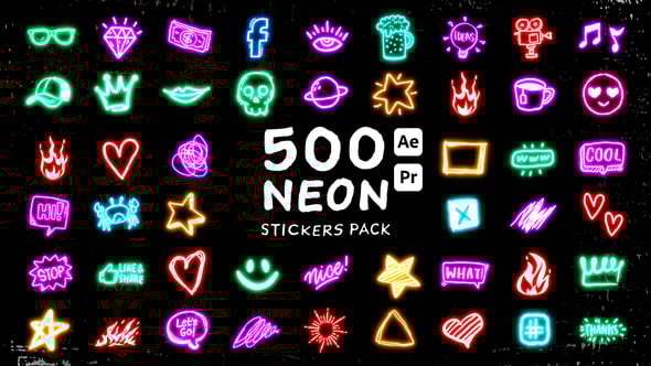 【AE/PR模板】500个霓虹发光创意涂鸦图形贴纸动画 Neon Stickers Pack