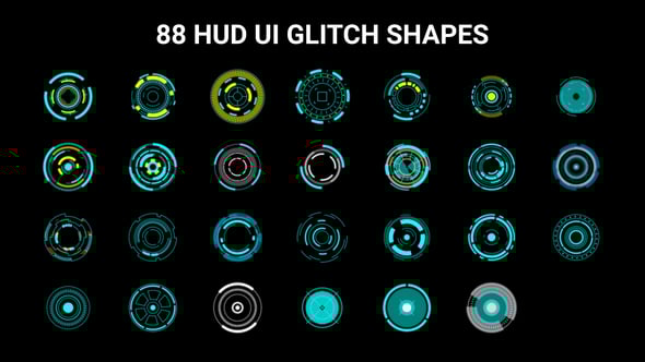 【AE模板】88个科技感数据信息UI界面图形元素动画 HUD UI Glitch Shapes