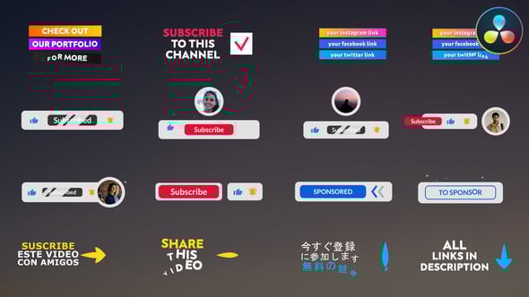 【达芬奇模板】潮流时尚社交媒体Vlog视频点赞订阅按钮字幕条标题动画 Youtube Lower Thirds And Buttons DR