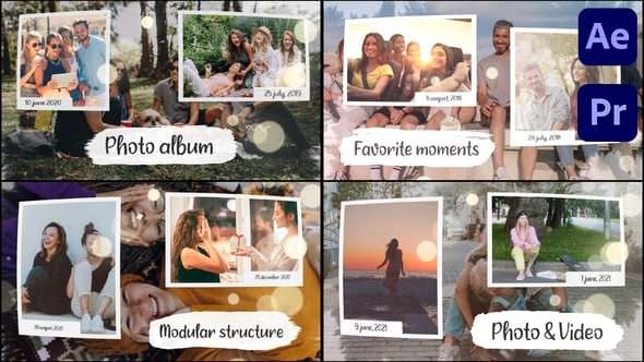 【AE/PR模板】浪漫爱情甜蜜回忆照片电子相册展示幻灯片动画(含模板音乐) Photo Slideshow