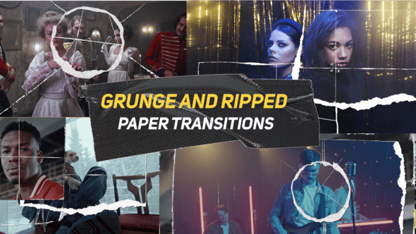 【PR模板】创意复古粗糙纸张撕裂纹理视频切换过渡转场动画 Grunge And Ripped Paper Transitions