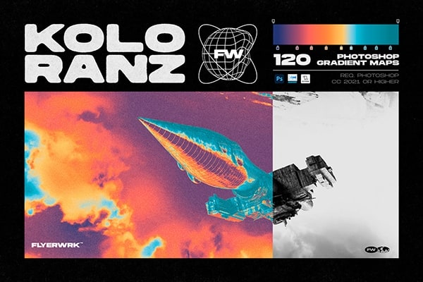 【PS渐变】120款抽象艺术酸性迷幻热成像渐变颗粒蒙尘效果PS色彩渐变 FLYERWRK – Koloranz