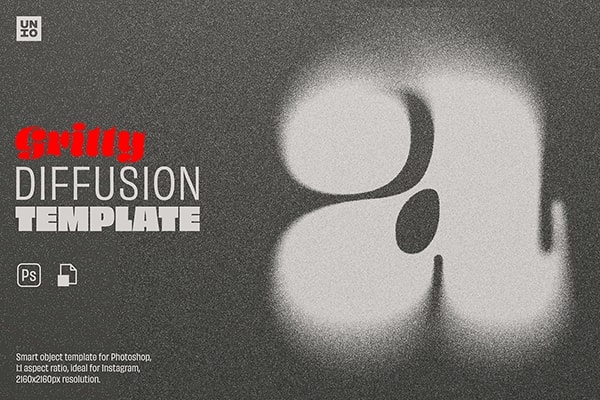 【PSD模板】酸性艺术磨砂颗粒噪点飘散渐变模糊特效文本LOGO图形设计PS模板 Gritty Diffusion Template