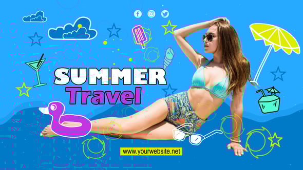 【AE模板】清爽夏日个人旅行游记卡通图形元素展示动画 Summer Travel Vlog – YouTuber