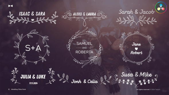 【达芬奇插件】35个浪漫爱情婚礼花卉元素人名嘉宾图文标题字幕条动画 35 Wedding Titles Pack DR