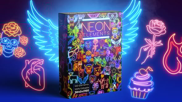 【AE模板】102个简洁动态手绘霓虹发光图形元素+视频素材 100 Neon Elements V2