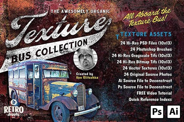【PS笔刷】120种复古手工印刷工艺颗粒污渍折痕纹理插画排版艺术设计画笔工具包 Retro Supply –  The Awesomely Organic Texture Bus Collection
