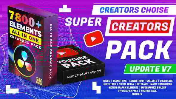 【达芬奇模板】7800个视频LUTS调色文字标题图形排版动画无缝转场预设包 Super Creators Pack v7