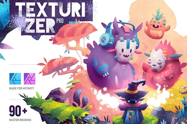 【Affinity笔刷】90支儿童卡通插画绘画着色纹理Affinity画笔刷 Texturizer Pro 2 for Affinity