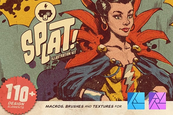 【Affinity笔刷】110支复古漫画风格老式印刷排版纹理绘画效果Affinity画笔工具包 Splat! Illustration Kit for Affinity