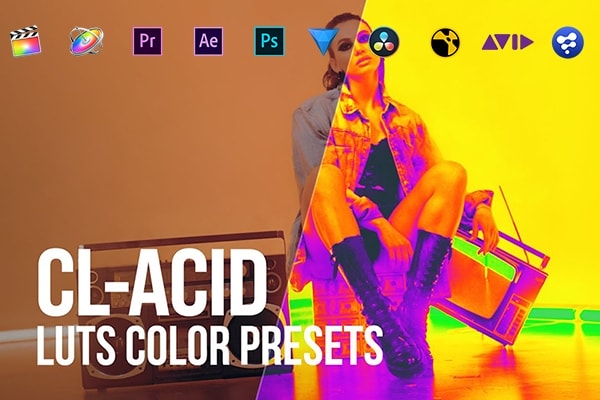 【调色预设】34款创意抽象酸性迷幻过饱和超现实色彩艺术电影调色LUT预设 Pixflow – CL-Acid Coloring LUTs