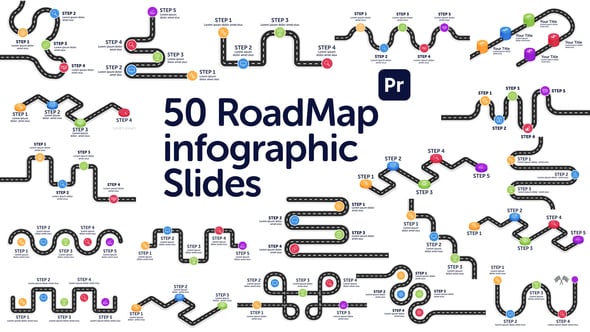 【PR模板】51个简洁创意旅行路线图信息指示标注图标演示动画 Roadmap Infographics Slides for Premiere Pro