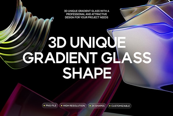【PNG素材】25款独特创意3D渐变玻璃图形艺术设计PNG图片素材 3D Unique Gradient Glass Shapes