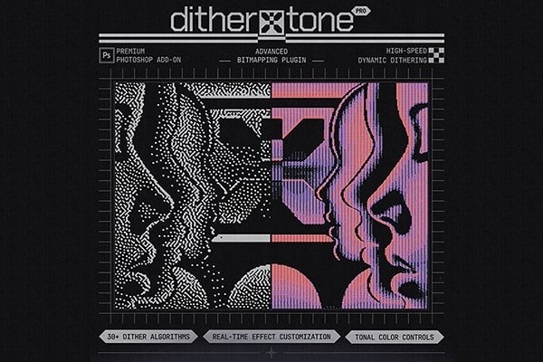 【PS插件】复古Y2K像素半色调毛刺抖动噪点颗粒纹理艺术映射效果PS插件 Doron Supply – DitherTone Pro v1.1.0 Win/Mac汉化版