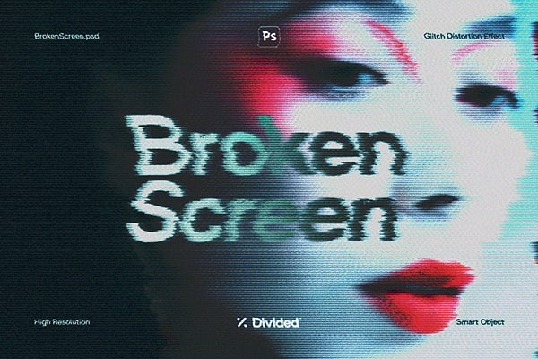 【PSD模板】创意复古信号故障画面扭曲碎屏花屏PS特效模板 Broken Screen Glitch Effect
