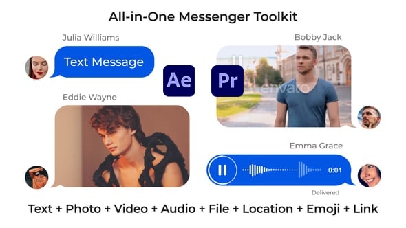 【AE/PR模板】社交媒体短信聊天消息气泡对话框语音表情文件传送动画  Message Pack