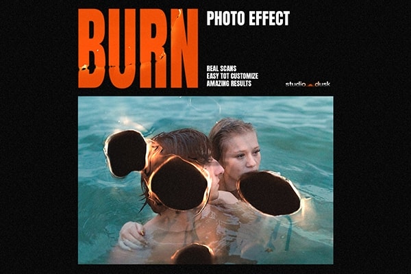 【PSD模板】8款创意复古胶片孔洞燃烧火焰颗粒光晕纹理特效PSD模板 Studio Dusk – Burn-Photo Effects