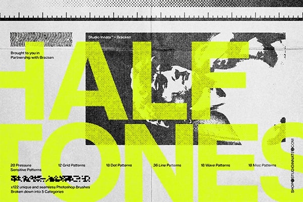 【PS笔刷】122支复古半色调雕刻印刷像素化纹理艺术设计PS画笔 Studio Innate – Halftones
