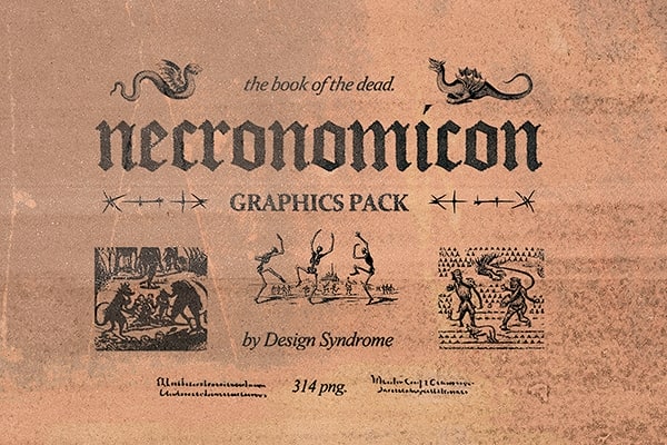 【PNG素材】300+死灵之书神秘魔法黑暗世界怪兽异形生物狼人恶魔女巫骷髅吸血鬼图形符号PNG素材 Design Syndrome – Necronomicon Graphics Pack