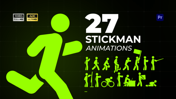 【PR模板】27个二维卡通火柴人行走奔跑运动工作场景MG循环动画 Stickman Motion Pack MOGRT