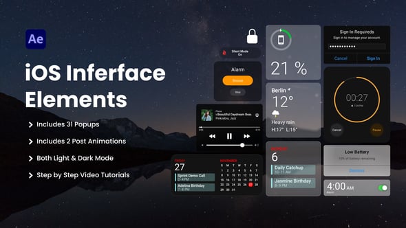 【AE模板】31个苹果系统手机操作界面UI元素弹窗卡片组件动画 Phone UI Elements
