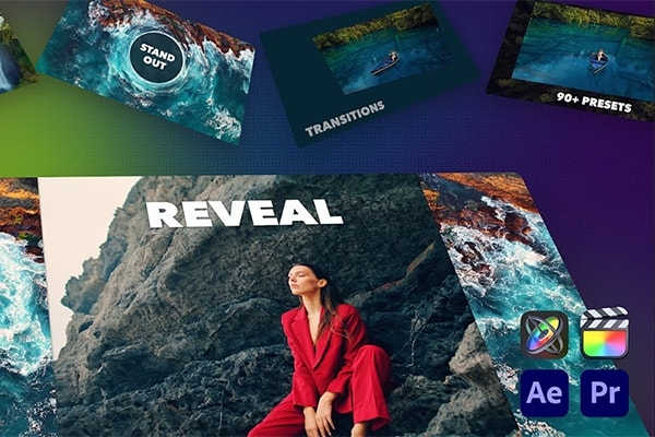 【FCPX/AE/PR插件】95个多功能图形遮罩镜头画面揭示图文排版转场动画 Reckon Reveal