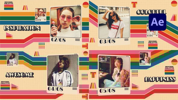 【AE模板】复古风格彩色元素图片流畅切换展示动画 Vintage Slides