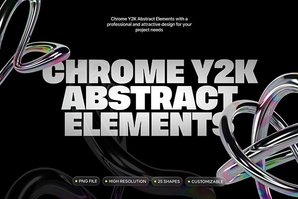 【PNG素材】25个复古未来主义千禧年Y2K风格镀铬渐变光泽3D艺术图形元素 Chrome Y2K Abstract Elements