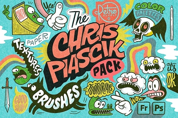 【PS笔刷】120+复古90年代尼克儿童频道动画插图海报绘画PS笔刷色卡纹理素材工具包 Retro Supply – The Chris Piascik Pack for Photoshop & Fresco