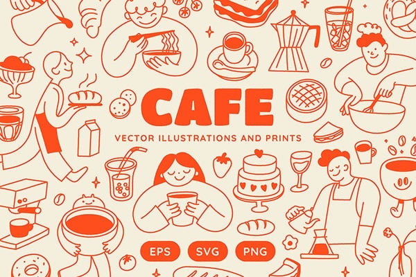 【矢量素材】140个手绘咖啡馆主题人类宠物美食饮料鲜花趣味图标贴纸创意设计矢量素材 Cafe, vector illustrations, prints