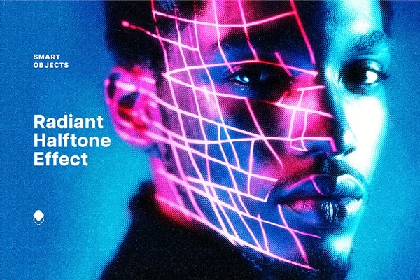 【PSD模板】霓虹辐射线发光半色调照片效果PS特效模板 Radiant Halftone Photo Effect