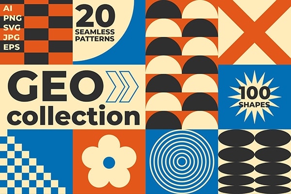【矢量素材】100款趣味粗犷包豪斯设计风格抽象几何艺术无缝图案背景元素矢量素材 Geometric Seamless Patterns