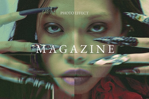 【PSD模板】80年代色块拉伸错位模糊燥点纹理杂志照片复古效果PSD特效模板 80s Fashion Magazine Photo Effect