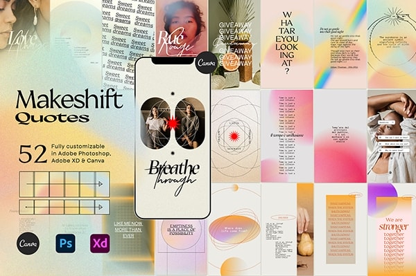 【PSD模板】52款新潮复古新媒体电商海报图文排版炫彩渐变背景设计PS可画XD模板工具包 MakeShift Instagram Quotes CANVA PS