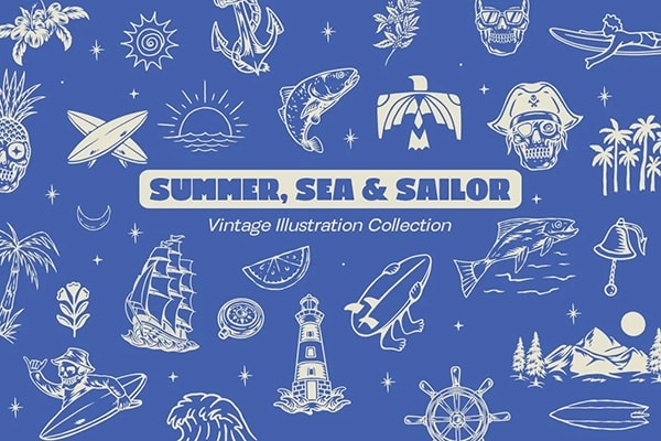 【矢量素材】110个复古夏日海滩旅行冒险手绘图形元素插画海报设计矢量素材 Summer, Sea & Sailor – Vintage Adventure Illustration Set