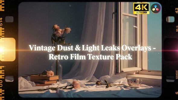 【达芬奇模板】12个独特复古胶片划痕漏光纹理视频叠加效果 Vintage Dust & Light Leaks Overlays – Retro Film Texture Pack